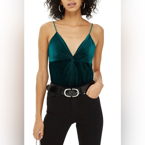 TOPSHOP Emerald Green Velvet Twist Front BodySuit - Picture 1 of 3